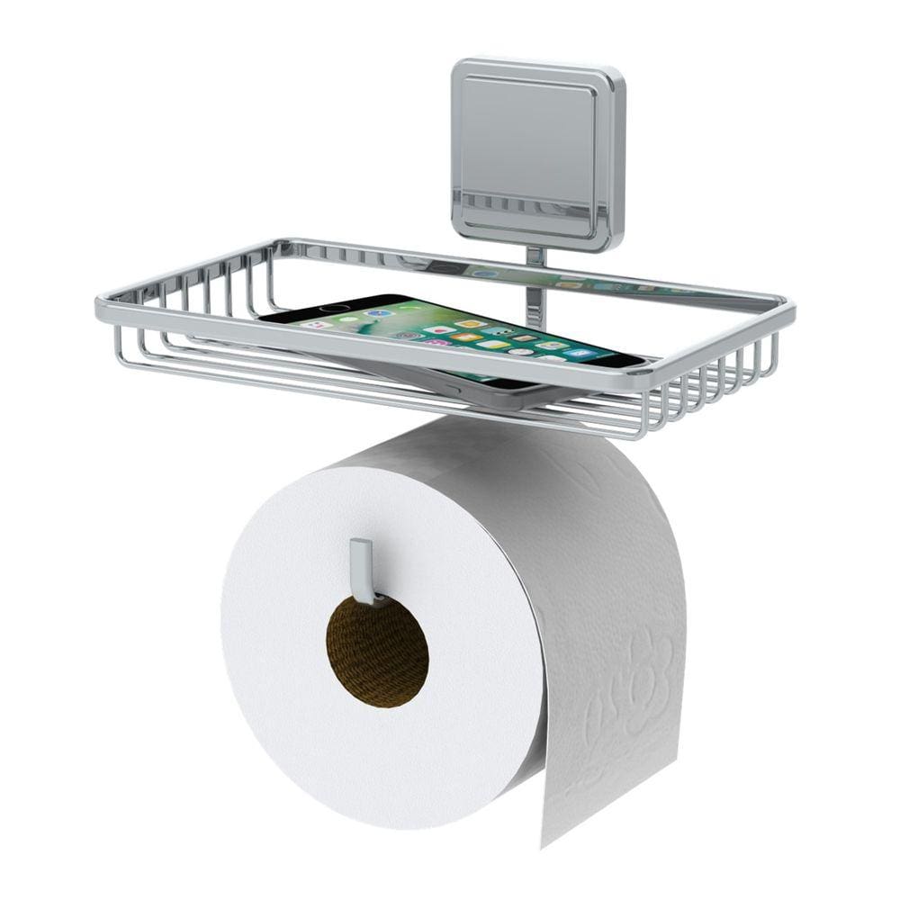 Suporte Porta Papel Higiênico Adesivo Com Porta Objetos Utensílios Banheiro Cromado - 188 Future