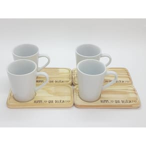 kit Jogo 4 canecas café/chá cônicas 220ml c/ pires Pinus - Porcelana branca