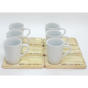 kit Jogo 6 canecas café/chá cônicas 220ml c/ pires Pinus - Porcelana branca