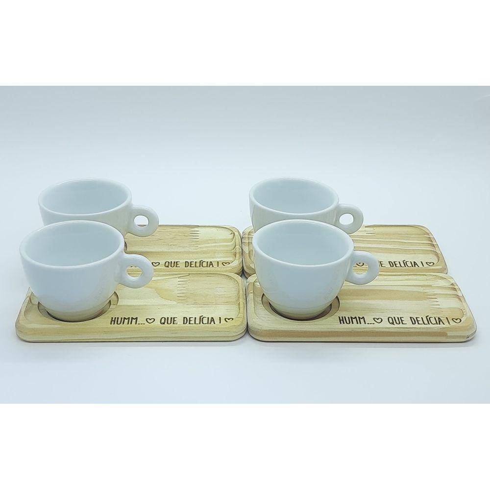 kit Jogo 4 xícaras café/chá Cônica baixa 150ml c/ pires Pinus - Porcelana branca
