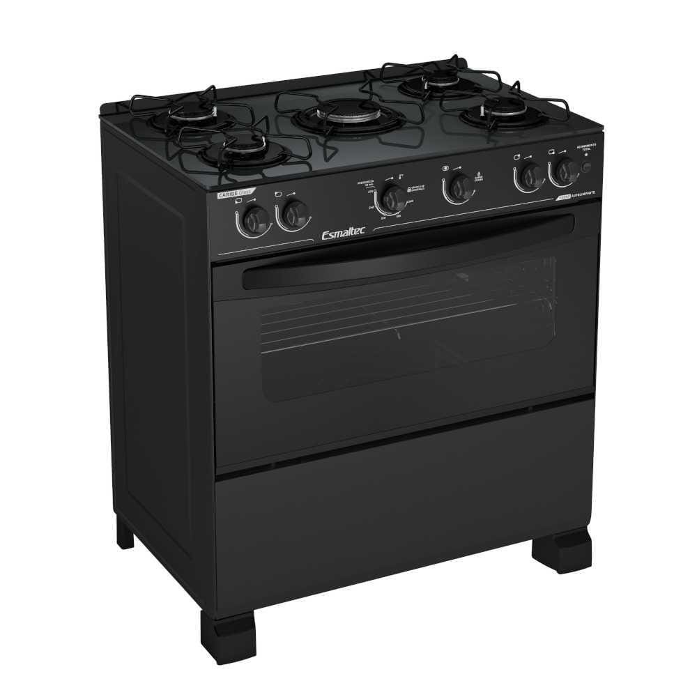 Fogão a Gás 5 Bocas Automático Caribe Glass Preto Mesa de vidro - Esmaltec