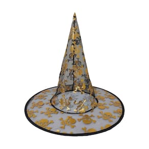 Chapéu de Bruxa Transparente Preto com Caveiras