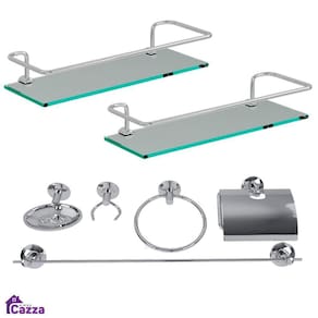 Kit Banheiro Acessórios Aço Inox 5 Peças + 2 Porta Shampoo