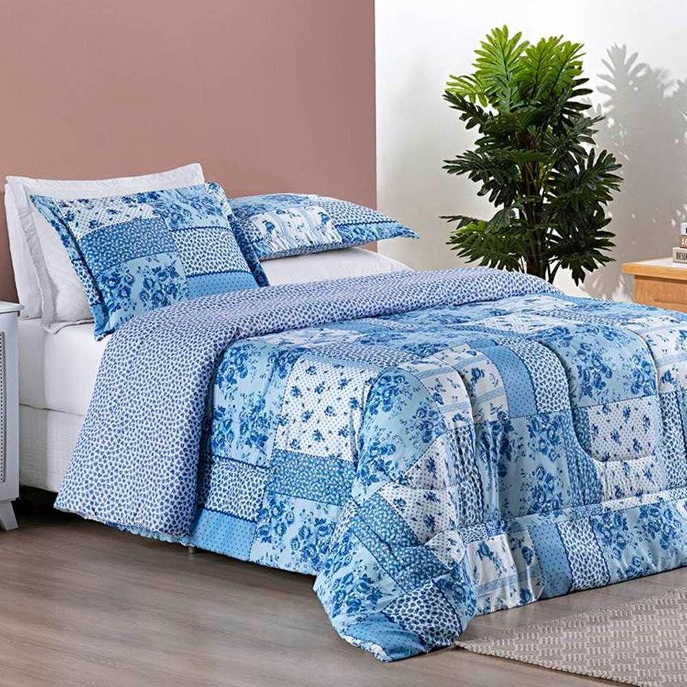 Edredom King Bouti Dupla Face 3 Peças - Azul Sereno