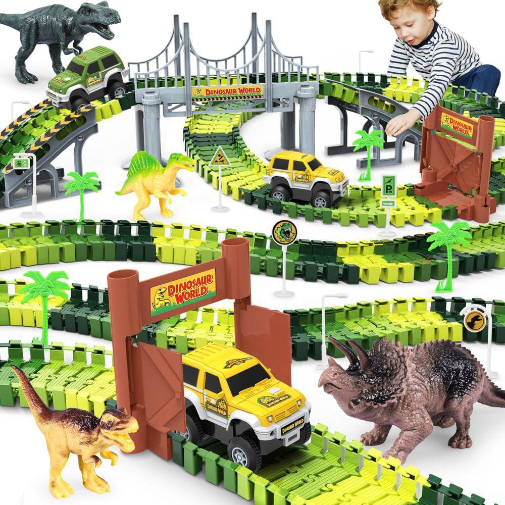 Conjunto de brinquedos KKONES Dinosaur World Road Race com 4 dinossauros