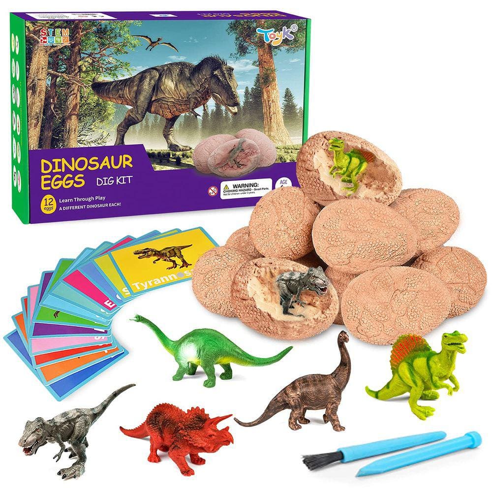 Brinquedo de brinquedo para escavar ovos fósseis de dinossauro com 12 dinossauros fofos