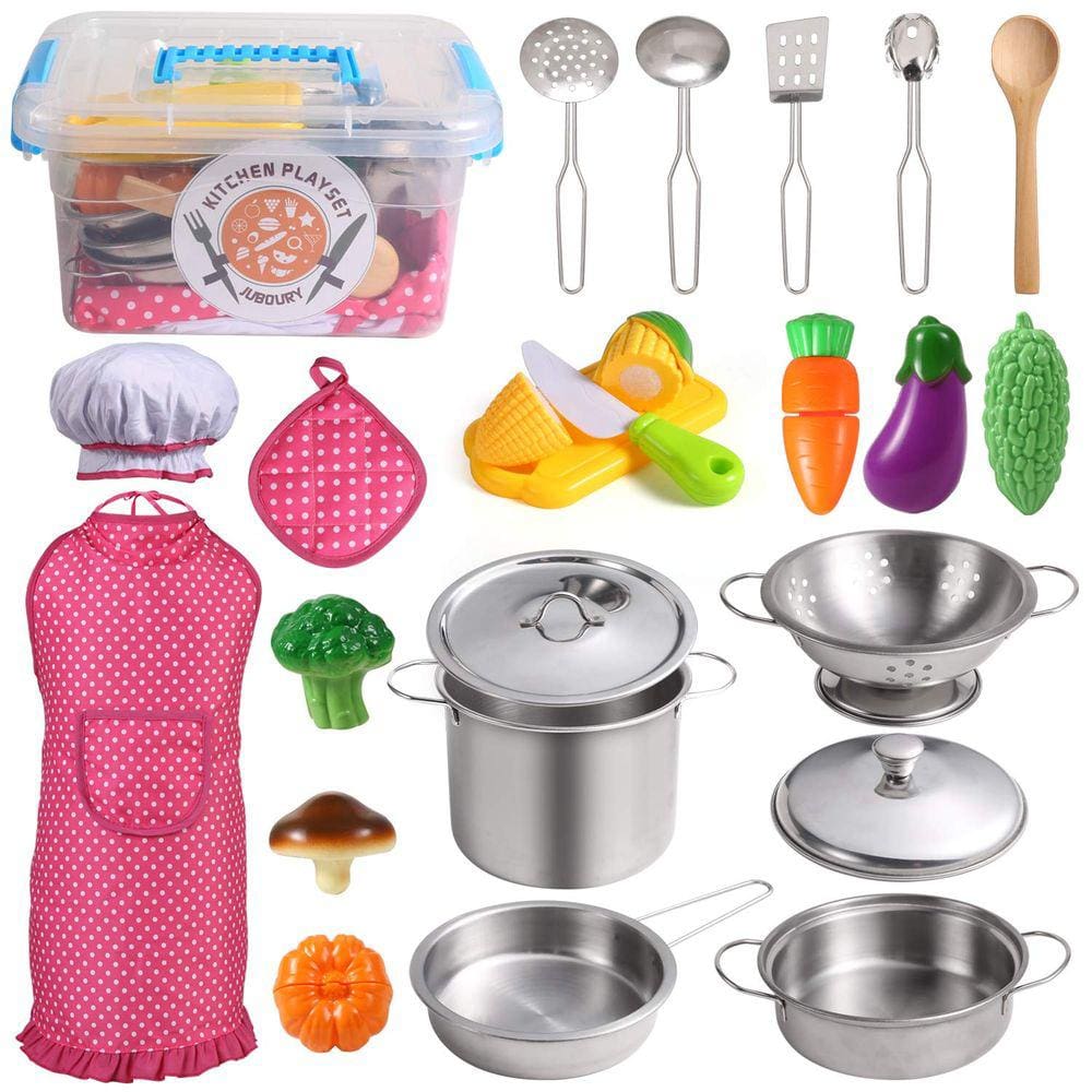 Conjunto de cozinha Pretend Play Juboury com utensílios de cozinha de aço inoxidável