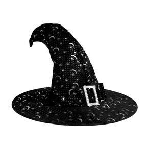 Chapéu de Bruxa Preto com Estrelas e Lua Prata Veludo