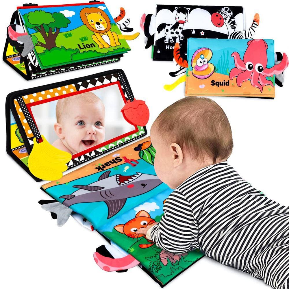 Brinquedos sensoriais Aboosam Tummy Time Mirror com livros e dentes de tecido