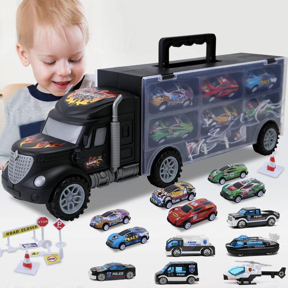 Caminhão de transporte de carros de brinquedo JODUDLR com 12 carros fundidos de 3 a 7 anos