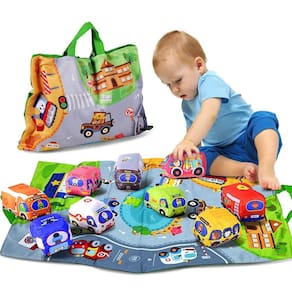 Conjunto de brinquedos macios para carros ALASOU com tapete de brincadeira/bolsa de armazenamento de 1 a 2 anos