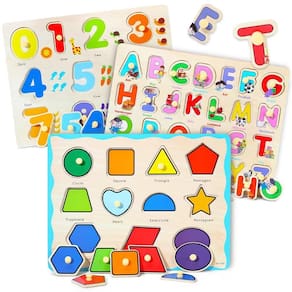 Conjunto de quebra-cabeças GRINNNIE Wooden Montessori Toddler 2-4 anos, 3 peças
