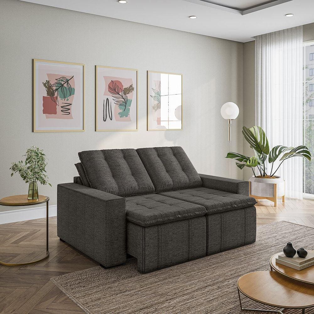 Sofá Cama Retrátil e Reclinável 3 Lugares 180cm em Linho com Molas e Braço Reto Palmeira Cabecasa Ma Cinza