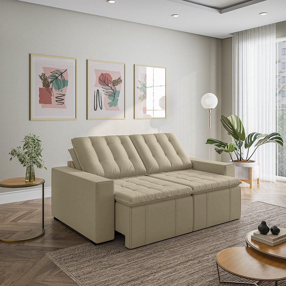 Sofá Cama Retrátil e Reclinável 3 Lugares 200cm em Veludo com Molas e Braço Reto Palmeira Cabecasa M Bege