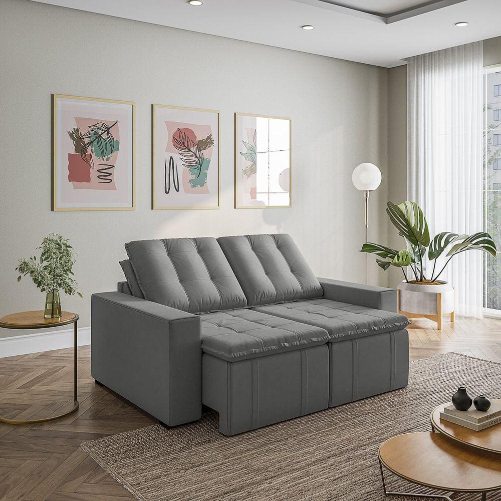Sofá Cama Retrátil e Reclinável 3 Lugares 180cm em Veludo com Molas e Braço Reto Palmeira Cabecasa M Cinza