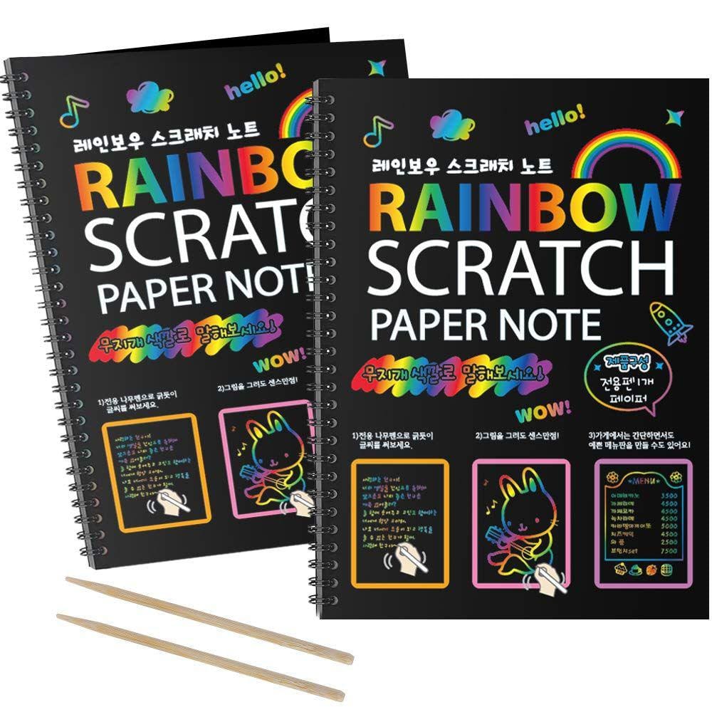Cadernos Scratch Art MBJRFU Rainbow para crianças com caneta de madeira