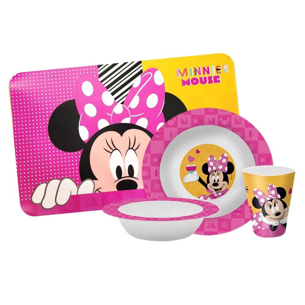 Kit Refeição Infantil Minnie 4 Peças Melamina Prato, Tigela, Copo e Lugar Americano - Tuut