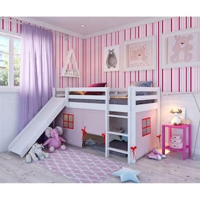Cama Alta Kids com Escorregador e Tenda em Madeira Maciça/mdf Branco/Rosa