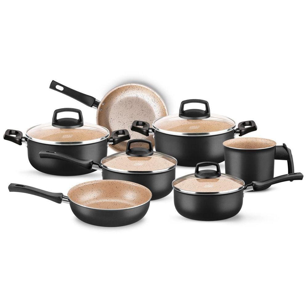 Conjunto de Panelas 7 Peças Antiaderente Preto/Bege