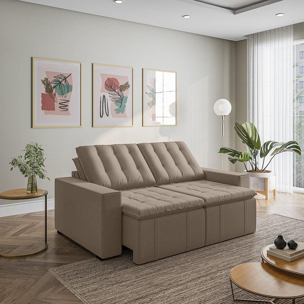 Sofá Cama Retrátil e Reclinável 3 Lugares 200cm em Veludo com Molas e Braço Reto Palmeira Cabecasa M Castor