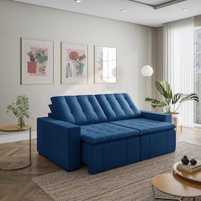 Sofá Cama Retrátil e Reclinável 3 Lugares 220cm em Veludo com Molas e Braço Reto Palmeira Cabecasa M Azul