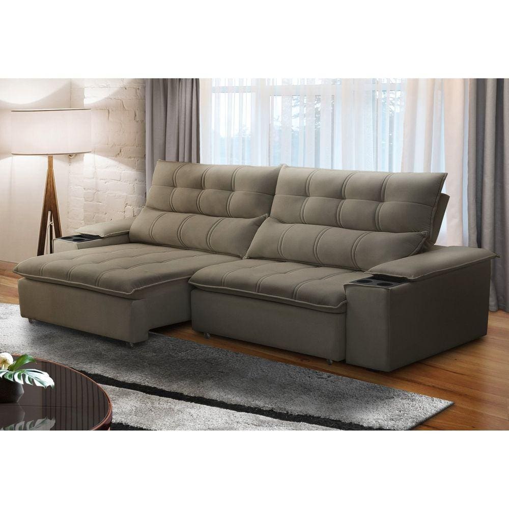 Sofá Retrátil e Reclinável 3 Lugares 230cm com Porta Copos e Objetos Bulgária Castor