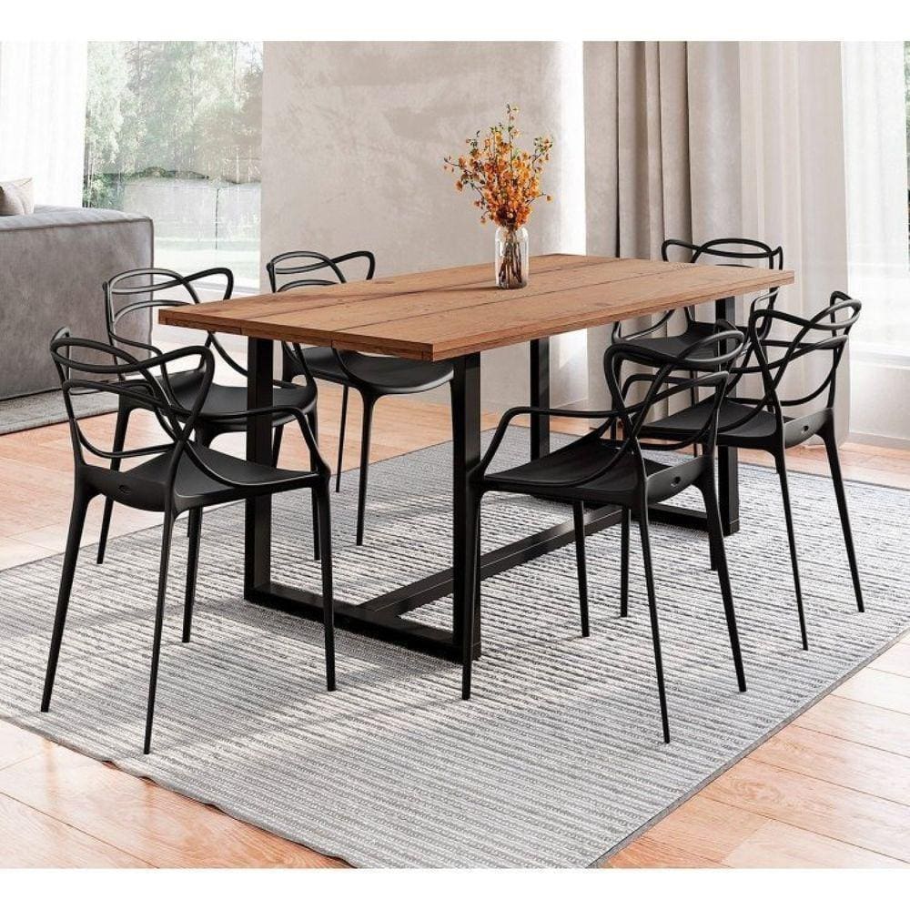 Conjunto Mesa de Jantar Rústica de Madeira Maciça com 6 Cadeiras Allegra Preto/Marrom