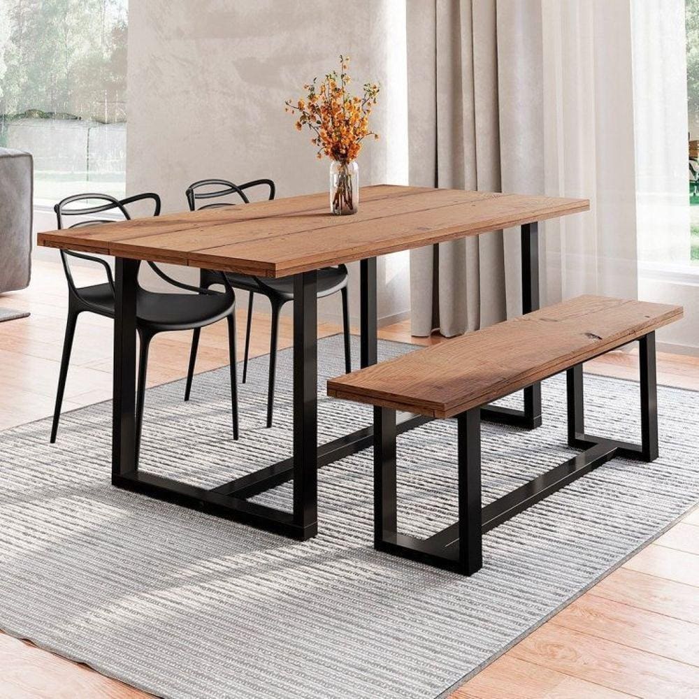 Conjunto Mesa de Jantar Rústica e Banco de Madeira Maciça com 2 Cadeiras Allegra Marrom/Preto