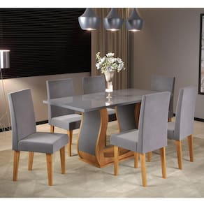 Conjunto de Jantar Mesa 160x80cm Tampo Vidro/mdf Livia com 6 Cadeiras Venus Mel/Grafite