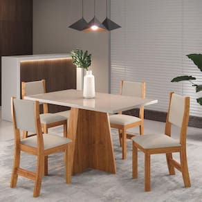 Conjunto de Jantar Mesa Retangular Ritmos com 4 Cadeiras Sol Mel/Off White/Marfim