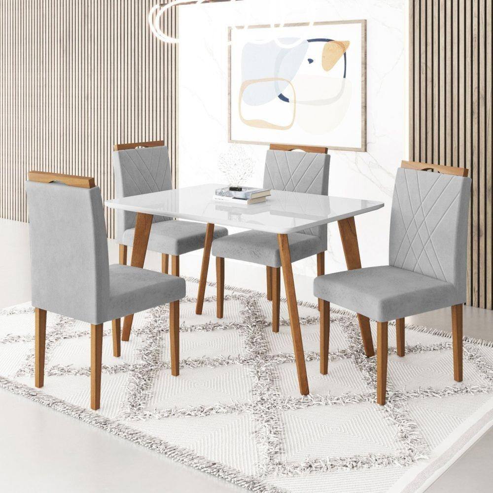 Conjunto Mesa 120x80 com 4 Cadeiras Fortaleza Uno Off White/Mel/Prata