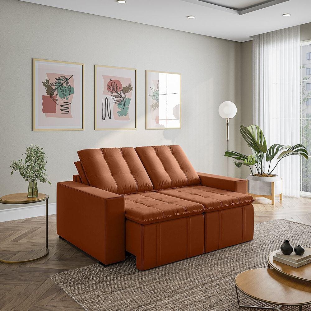 Sofá Cama Retrátil e Reclinável 3 Lugares 180cm em Veludo com Molas e Braço Reto Palmeira Cabecasa M Terracota