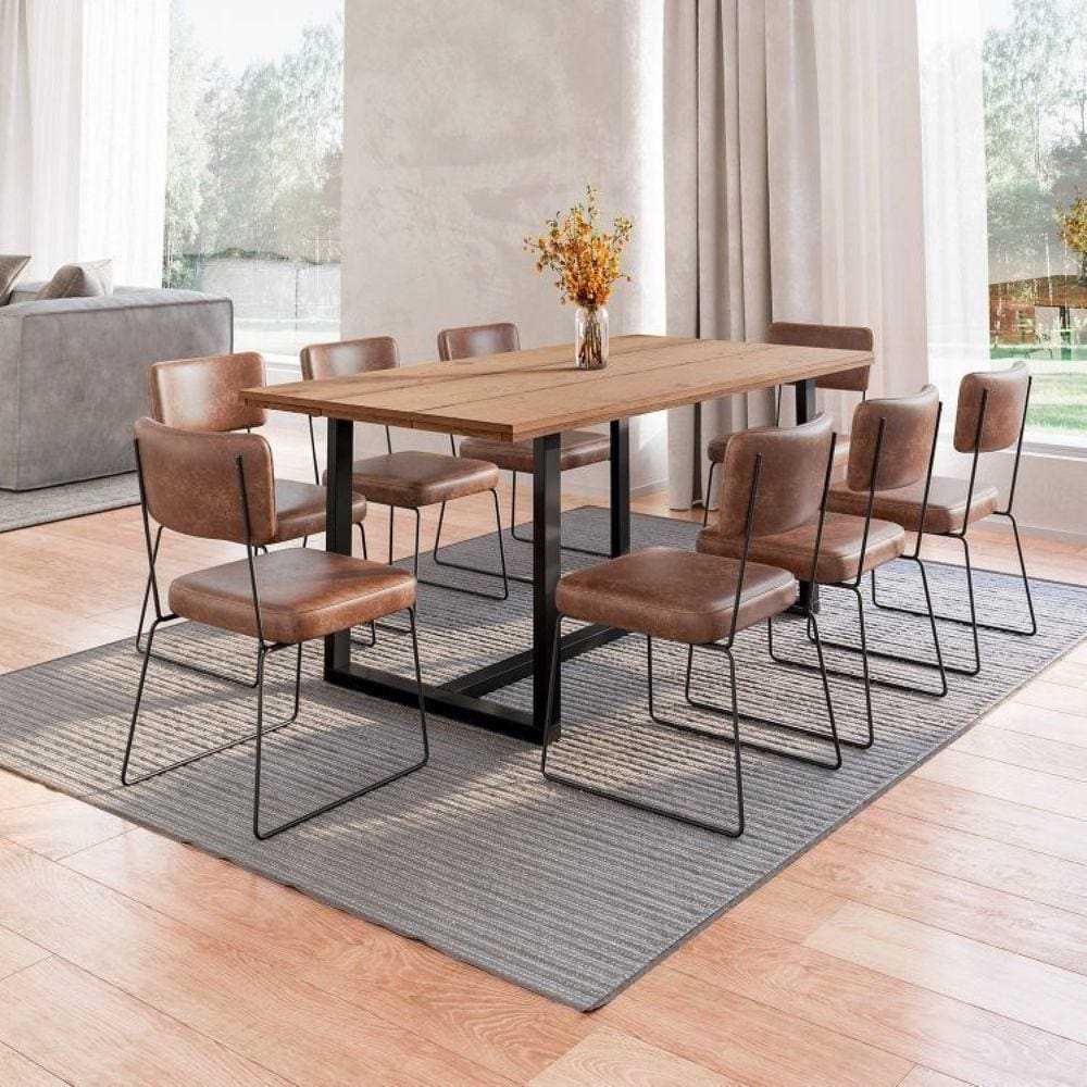 Conjunto Mesa de Jantar Rústica de Madeira Maciça com 8 Cadeiras Aço Roma Marrom/Preto