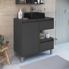 Gabinete para Banheiro Com Cuba Preta 80cm 2 Gavetas 1 Porta 1 Nicho Paula Grafite