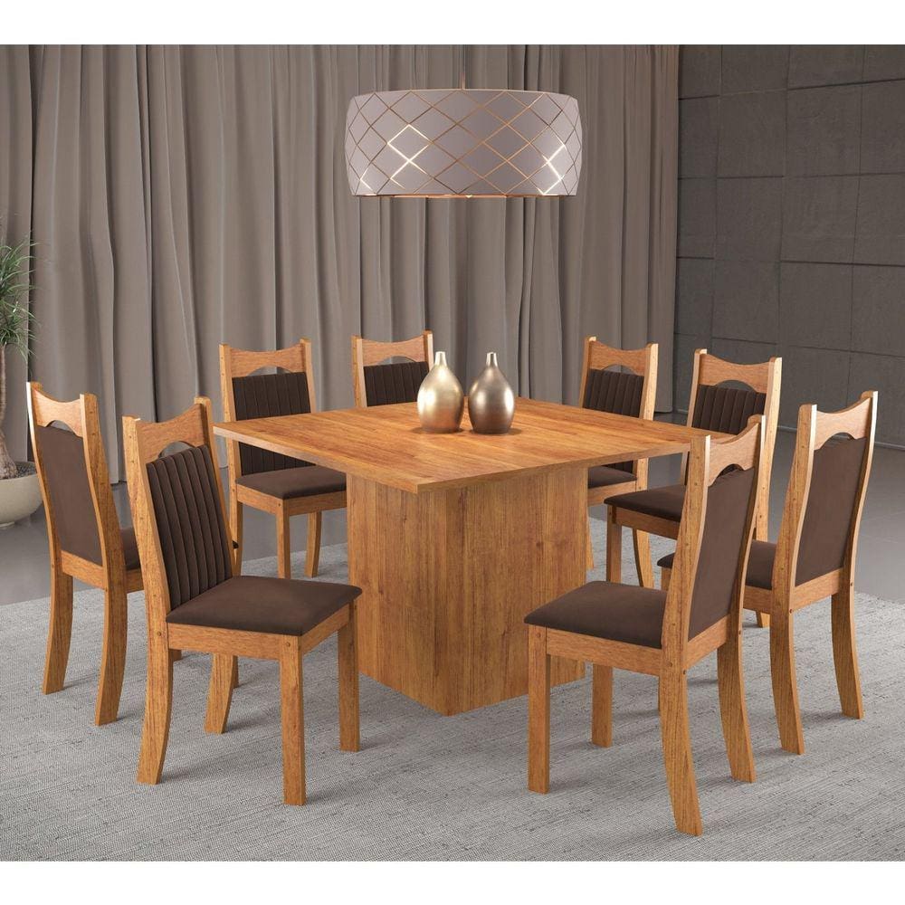 Conjunto de Jantar Mesa Quadrada Panama com 8 Cadeiras Dalas Mel/Bombom