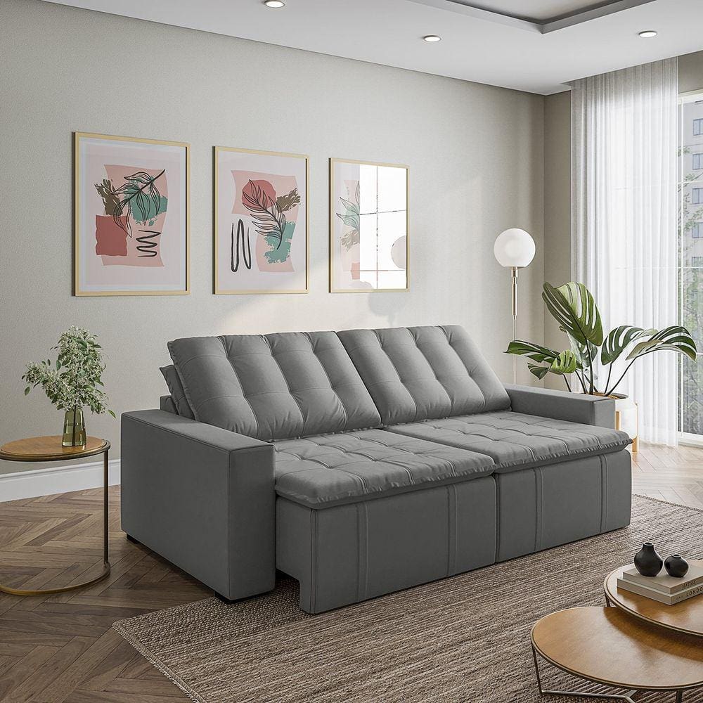 Sofá Cama Retrátil e Reclinável 4 Lugares 240cm em Veludo com Molas e Braço Reto Palmeira Cabecasa M Cinza