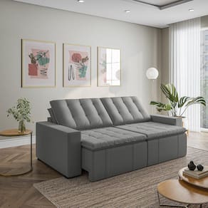 Sofá Cama Retrátil e Reclinável 4 Lugares 240cm em Veludo com Molas e Braço Reto Palmeira Cabecasa M Cinza