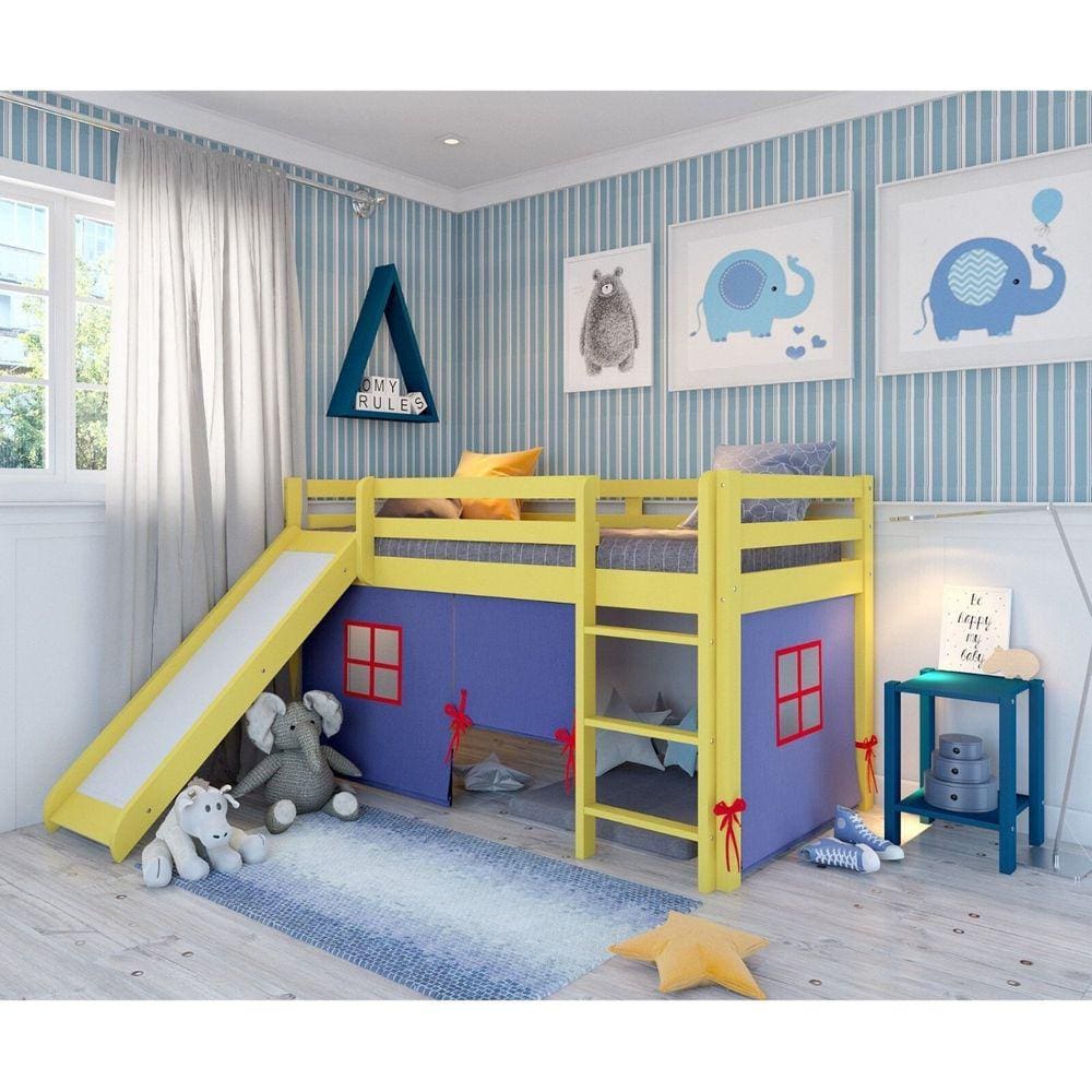 Cama Alta Kids com Escorregador e Tenda em Madeira Maciça/mdf Amarelo/Azul