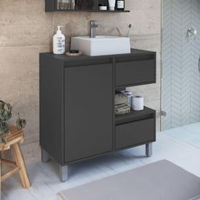Gabinete para Banheiro 80cm 2 Gavetas 1 Porta 1 Nicho e Cuba Paula Grafite