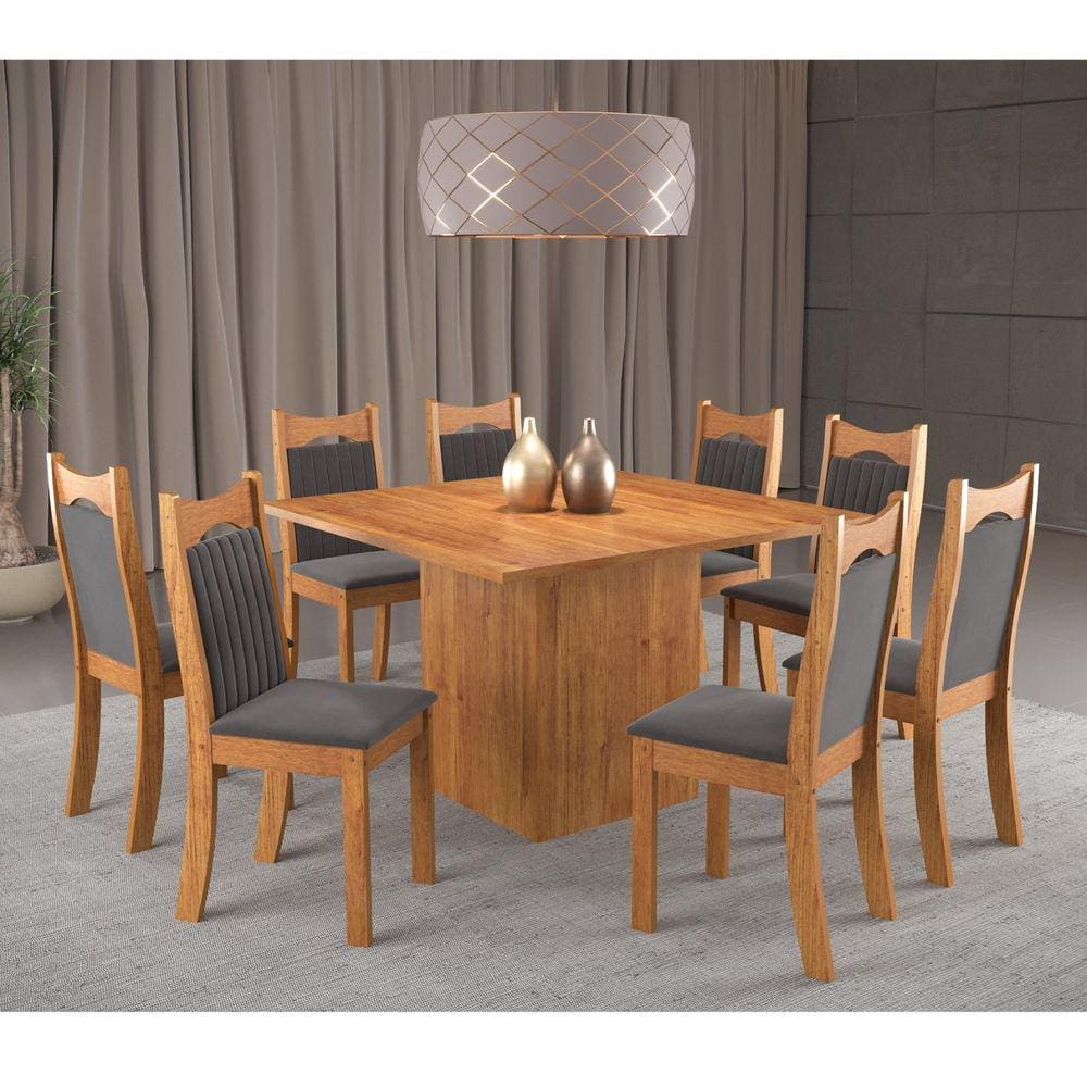 Conjunto de Jantar Mesa Quadrada Panama com 8 Cadeiras Dalas Mel/Grafite