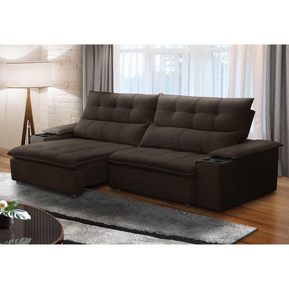 Sofá Retrátil e Reclinável 3 Lugares 230cm com Porta Copos e Objetos Bulgária Marrom