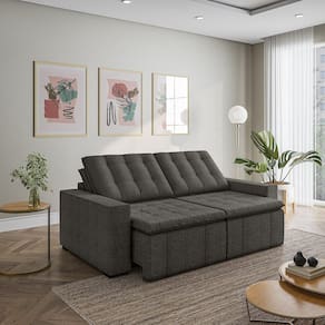 Sofá Cama Retrátil e Reclinável 3 Lugares 220cm em Linho com Molas e Braço Reto Palmeira Cabecasa Ma Cinza