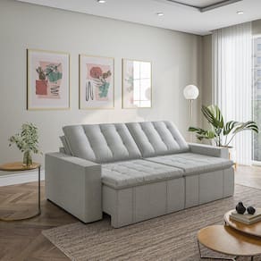Sofá Cama Retrátil e Reclinável 4 Lugares 240cm em Linho com Molas e Braço Reto Palmeira Cabecasa Ma Prata