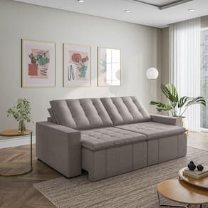 Sofá Cama Retrátil e Reclinável 4 Lugares 240cm em Linho com Molas e Braço Reto Palmeira Cabecasa Ma Marrom