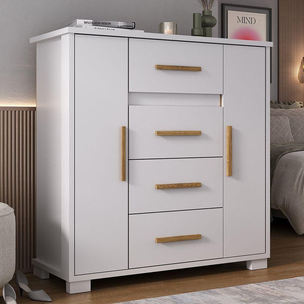 Cômoda 2 Portas 4 Gavetas Branco Fosco Kyra Branco