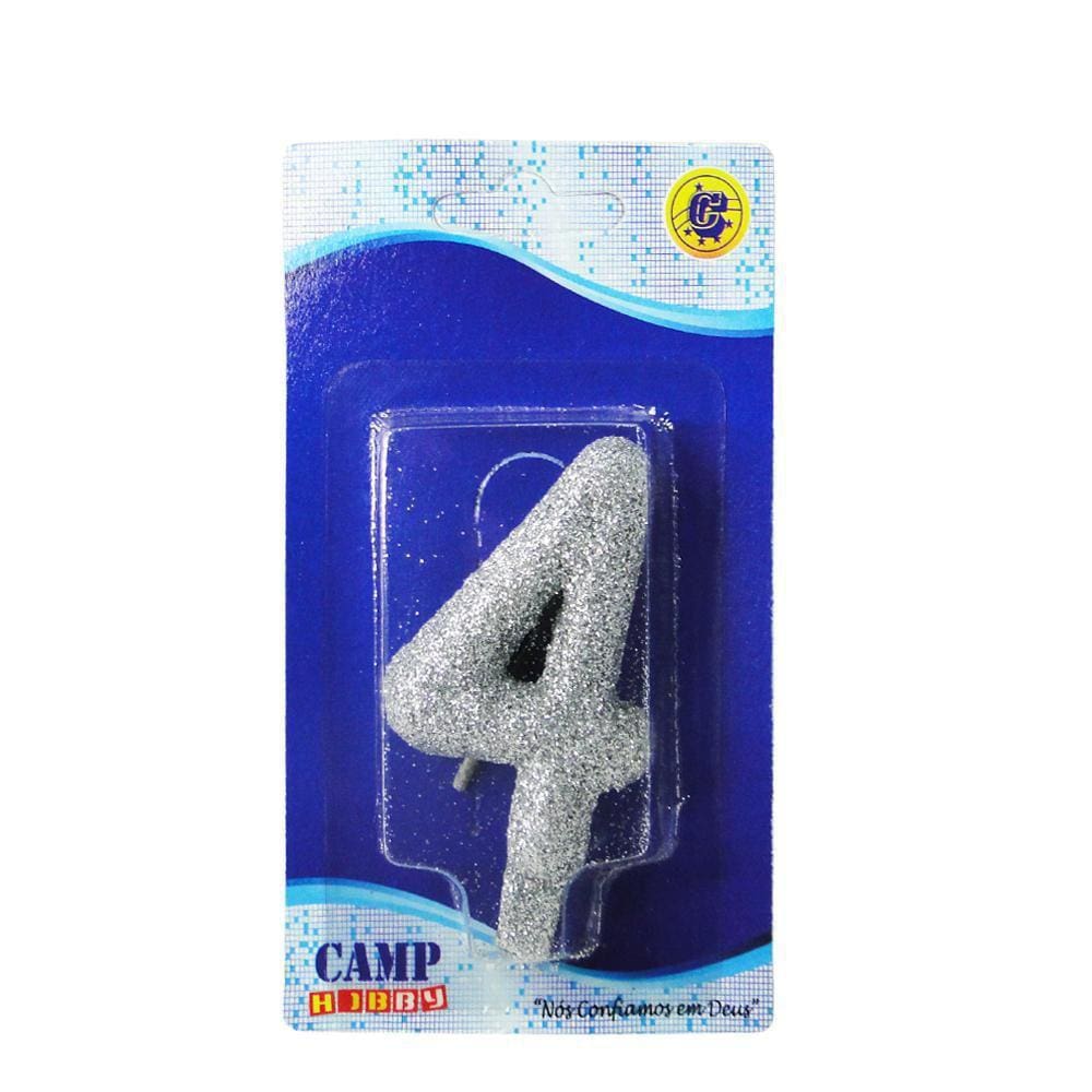 Vela De Aniversario Numero 4 Prata Glitter 7Cm