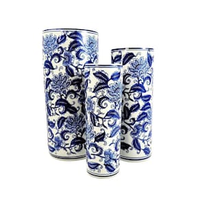 Vaso Porta Guarda Chuva Decorativo Azul E Branco 45/40/34Cm