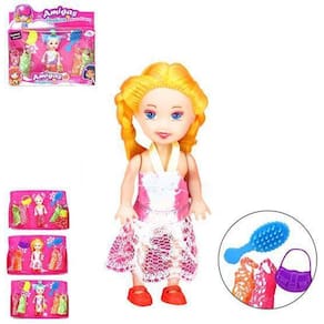 Boneca Troca Vestido De Tecido Com Bolsa + Escova 7 Pecas