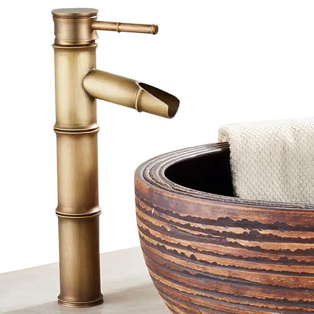 Torneira de Bambu Vintage Retro Cobre Bronze Para Banheiro Cuba Pia Bancada Estilo Água Cascata Misturador Monocomando + Kit Instalação