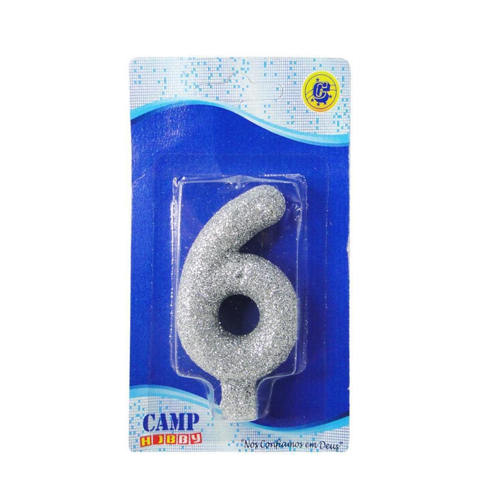 Vela De Aniversario Numero 6 Prata Glitter 7Cm